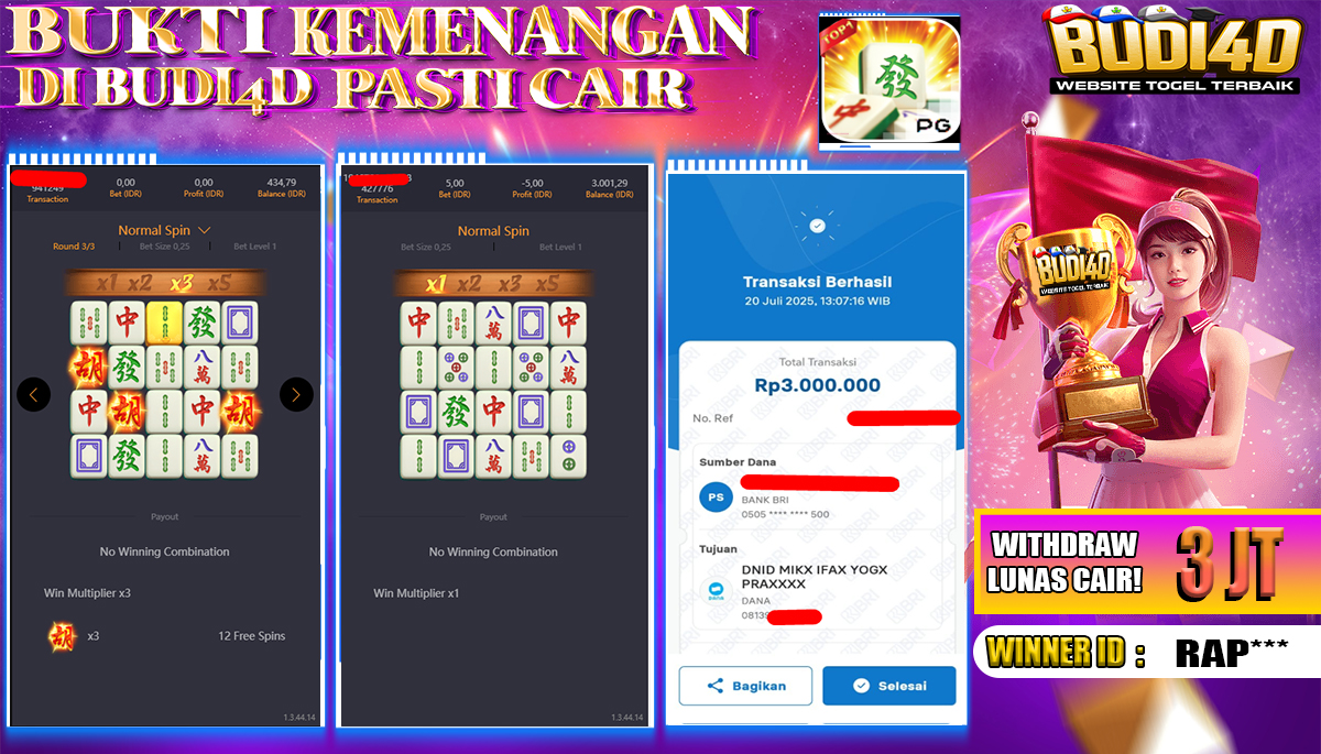 BUDI4D JACKPOT USERID:  RAP**** SLOT PGSOFT MAHJONG WAYS Rp.3.000.000,- LUNAS